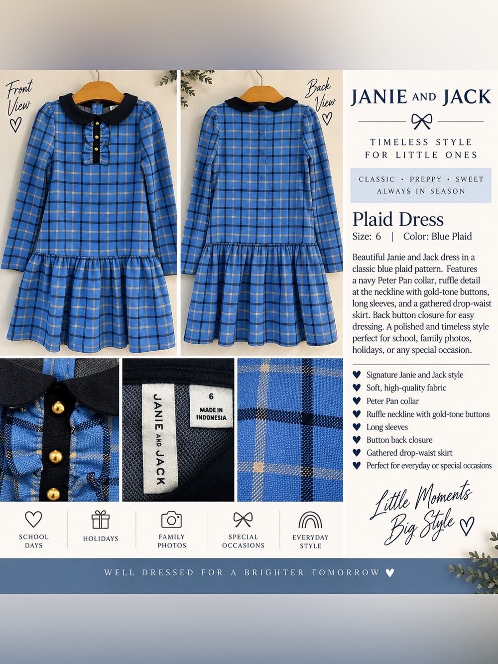 Janie and Jack Navy-Trim Blue Plaid Peter Pan Collar Dress